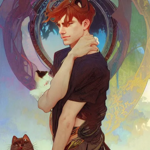 Image similar to Portrait of a pretty fantasy catboy with cat ears. Art by Greg Rutkowski and Alphonse Mucha