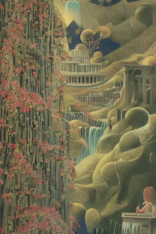 Image similar to night, stars, mecha robot, hanging gardens of babylon, temple of artemis at ephesus, waterfalls, blooming hills with spring flowers and pillars by helen lundeberg