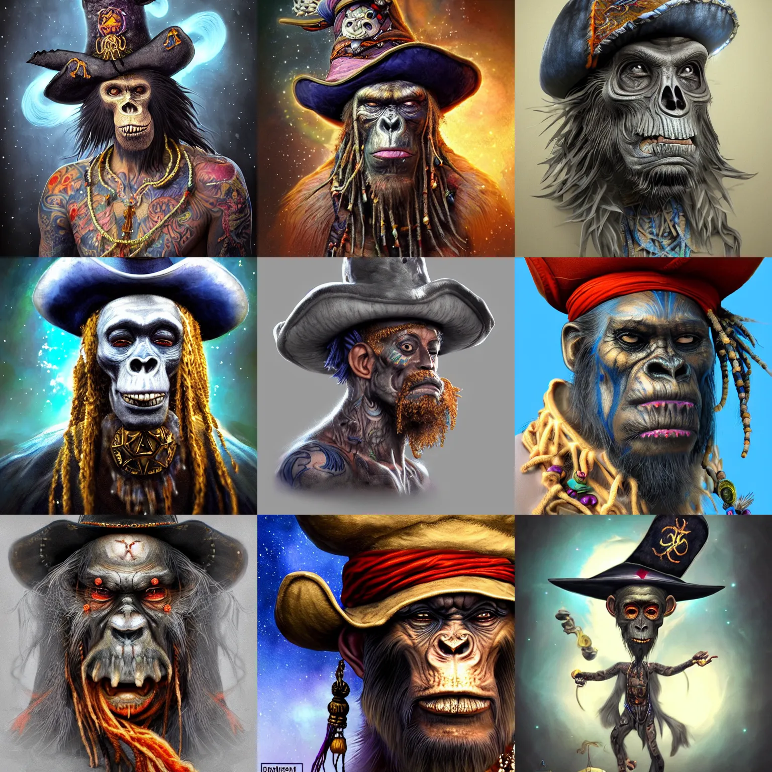 Prompt: a wlop 3 d render of very very very very highly detailed beautiful mystic portrait of a young ghost ape voodoo pirate in a hat with whirling galaxy around, tattoos by anton pieck, intricate, extremely detailed, digital painting, artstation, concept art, smooth, sharp focus, illustration, intimidating lighting, incredible art,