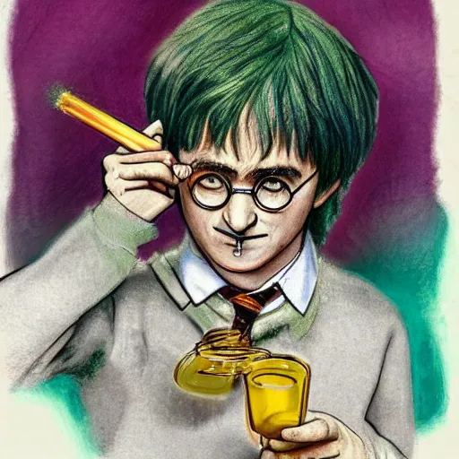 Prompt: A Hyperdetailed Award Wrinning Coloured Sketch Masterpiece of Harry Potter smoking a joint, 8k