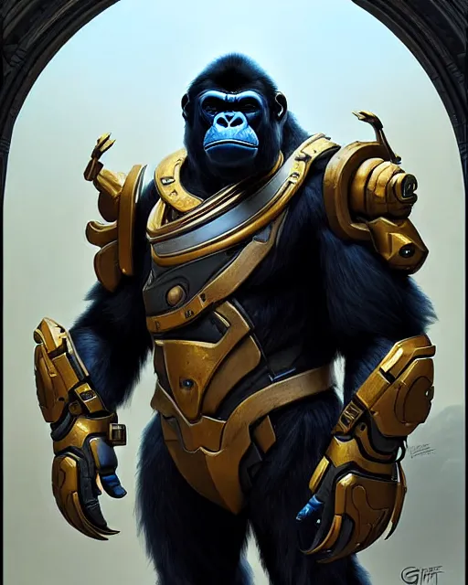 Prompt: winston the gorilla in his armor from overwatch, character portrait, concept art, intricate details, highly detailed by greg rutkowski, michael whelan and gustave dore