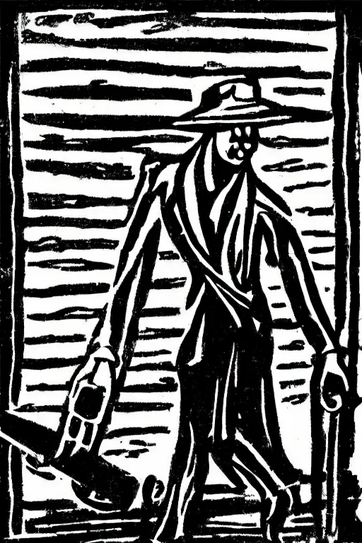 Prompt: “A man with a metal detector on a field. A poster in the style of German expressionism”