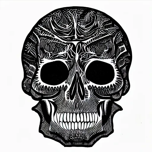 Image similar to tripping skull outline, black ink on white paper