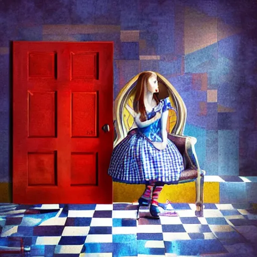 Image similar to alice in the wonderland, sitting, checkered floor, chair, blue dress, red door blonde, light by cheval michael, walls