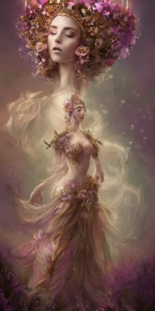 Image similar to A beautiful fantasy empress, full body, just one head, flower tiara, long hair, wearing dramatic aristocrat robe, delicate figure, field of fantasy flowers, many foxes and deer, fractal crystal, epic composition, ultra wide-shot, dynamic pose, concept art, dramatic lighting, digital painting, smooth, character design, sharp focus, elegant, intricate, trending on artstation, by WLOP and James Jean and Victo Ngai