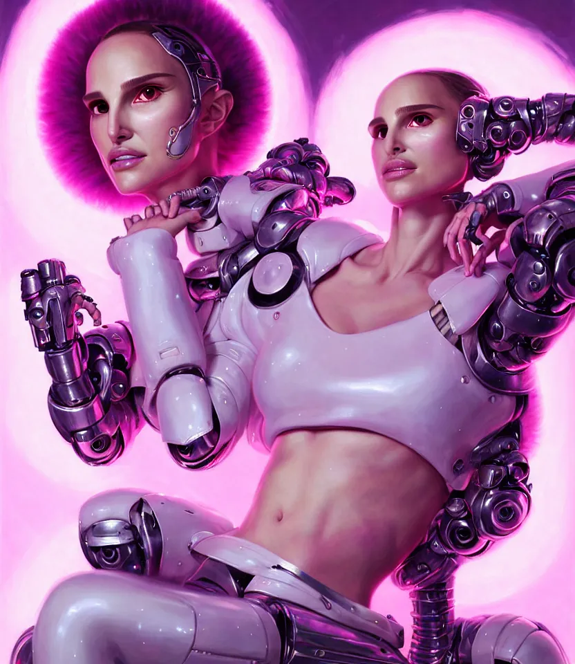 Image similar to beautiful fantasy character portrait of a natalie portman cyborg, wearing pink puffy bomber jacket with white fur, seductive reclining pose, lasers, ultra realistic, dramatic lighting, robots, the fifth element artifacts, highly detailed by peter mohrbacher, hajime sorayama, wayne barlowe, boris vallejo, aaron horkey, gaston bussiere, craig mullins