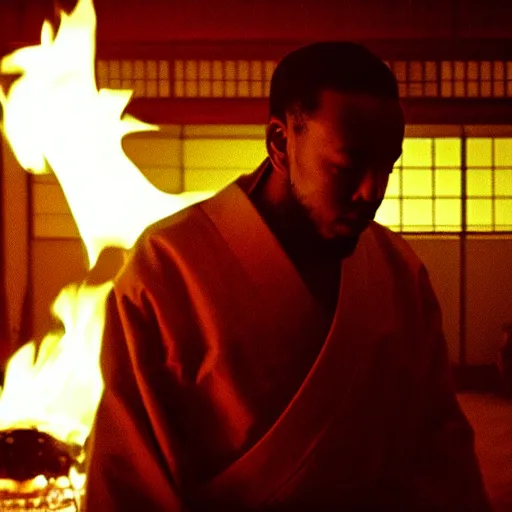 Prompt: cinematic film still of Kendrick Lamar starring as a Japanese Sensei with fire, Japanese CGI, VFX, 2003, 40mm lens, shallow depth of field, film photography