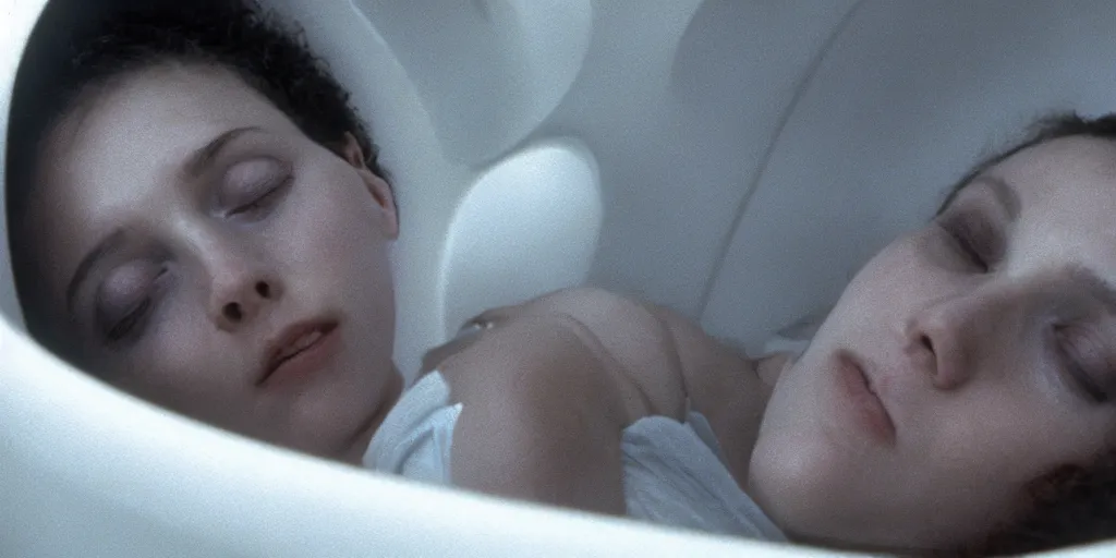 Image similar to a close-up of Ripley sleeping inside an all-white cryogenic sleeping pod by Ridley Scott, Alien movie, grainy, bluish and cream tones