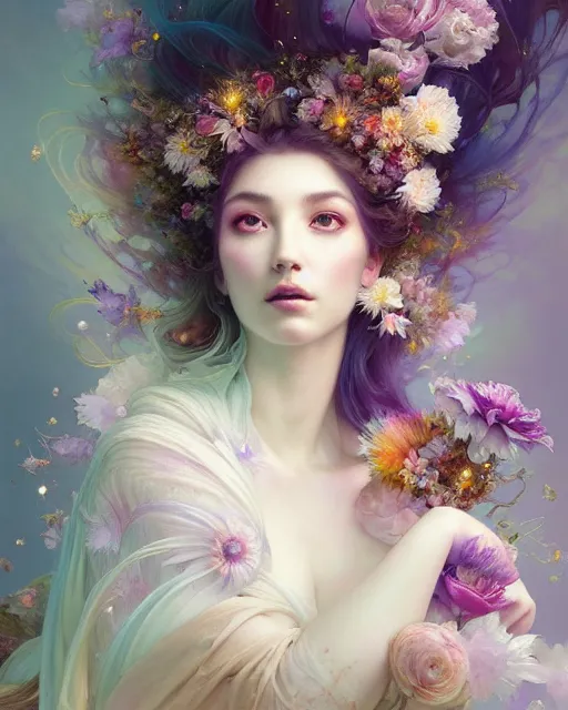 Image similar to Full View ultrarealistic Portrait ethereal fantasy deity wearing beautiful gown, flowers, spirituality, 4k digital masterpiece by Anna Dittman and Alberto Seveso Ruan Jia, rossdraws, artgerm and greg rutkowski and alphonse mucha and loish and WLOP, fantasycore, Hyperdetailed, realistic digital painting, soft lighting, featured on Artstation