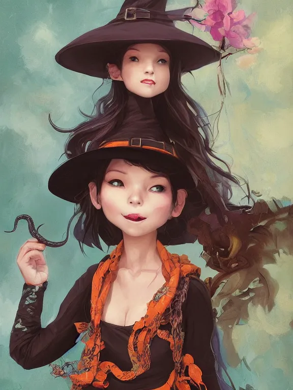 Image similar to Full shot of a cute mischievous young witch about to get up to some trouble with her playful snake familiar. Latin American fashion. Floral patterns. Black and Orange palette. Magic. Latina girl. brown skin. defined facial features, symmetrical facial features. Smiling. By Ruan Jia and Artgerm and Range Murata and WLOP and Ross Tran and William-Adolphe Bouguereau. Key Art. Fantasy Illustration. award winning, Artstation, intricate details, realistic, Hyperdetailed, 8k resolution.