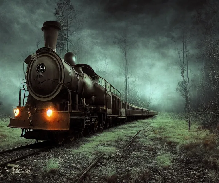 Image similar to magical ghost train, high res, photorealistic, dark atmosphere, dark fantasy, gloomy tracks, bright lights, forestry