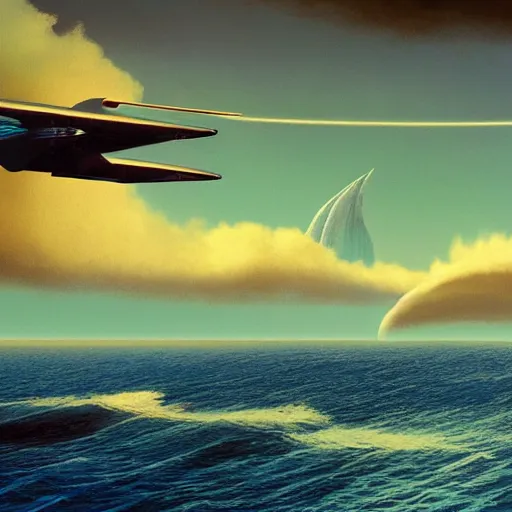 Image similar to beautiful matte painting of golden shores of a blue dreamy ocean, heavenly island in the clouds floating above the ocean, spaceship flying by, towering mountains emerging from the ocean, sci - fi, daylight, blue sky, cinematic lighting, cinematic perspective, syd mead, john harris, federico pelat