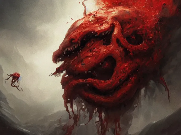 Image similar to painting by greg rutkowski of a flying human head with tears running down it's face face that is chalk white in color, with tentacles coming of the neck, fiery scorching red eyes, flying in a terrying hellish dark cavernous place