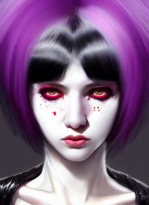 Prompt: whitebangs, black hair, black cyberlox, portrait of normal teenage girl, normal face, white bangs, fluffy bangs, cyberlox, whitebangs, red contact lenses, purple background, intricate, elegant, highly detailed, digital painting, artstation, concept art, sharp focus, smooth, illustration, art by wlop, mars ravelo and greg rutkowski