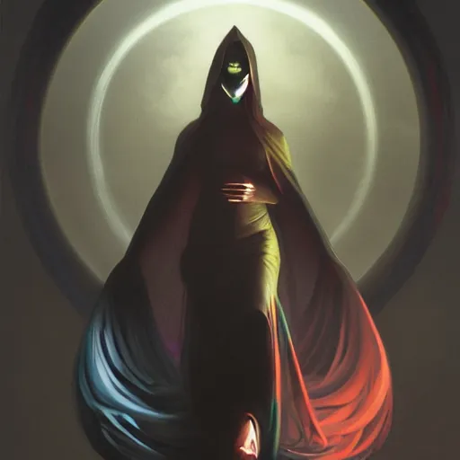 Image similar to concept art painting of beautiful figure the called the moonbow queen in a black cloak, a rainbow in the dark, colorful, by Michael Whelan, William Adolphe Bouguereau, and Donato Giancola, highly rendered, beautiful, cyberpunk, artstation, extremely moody lighting, glowing light and shadow, atmospheric, shadowy, cinematic, 8K