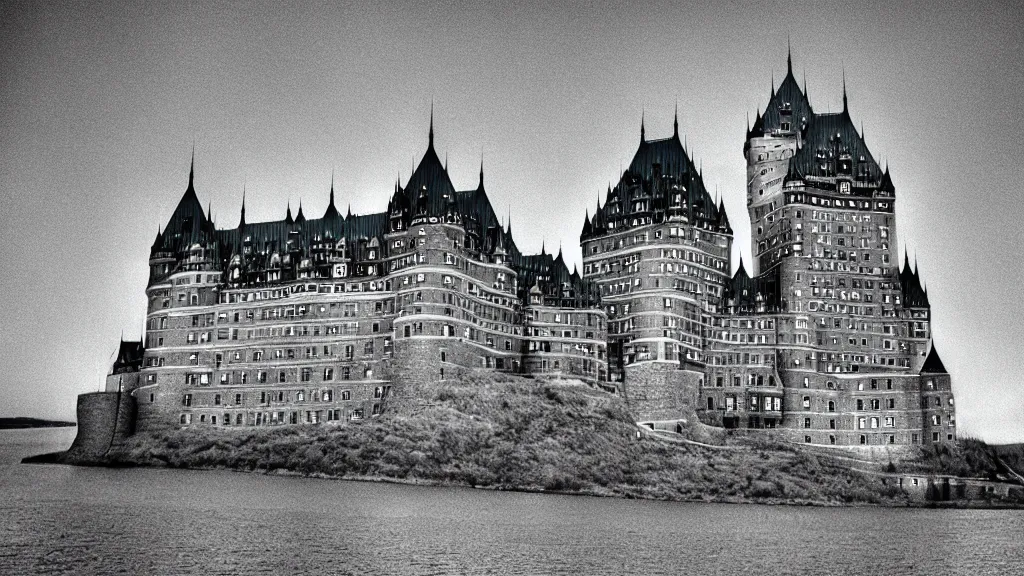 Image similar to Quebec Chateau Frontenac Castle in the style of Scary Stories to tell in the Dark