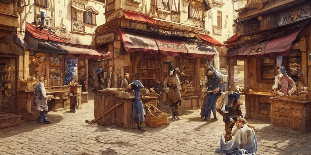 Prompt: empty medieval port town town square shops bakery rug shop barbershop pokemon sword and sheild, bright future, social realism, highly detailed, digital painting, artstation, concept art, matte, sharp focus, illustration, art by artgerm and greg rutkowski and alphonse mucha
