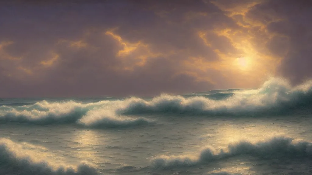 Image similar to first person view of breaking waves on the shore, moonlit , sea breeze rises in the air, by andreas rocha and john howe, and Martin Johnson Heade, featured on artstation, featured on behance, golden ratio, ultrawide angle, f32, well composed