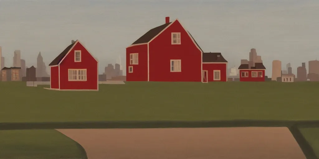 Image similar to In the foreground is a small red house, and in the background is the smoky NY City, George Ault painting style.