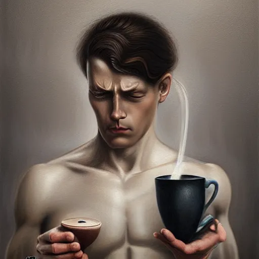 Image similar to by tom bagshaw, ultra realist soft painting of a daily clothed man drinking his coffee while watching the bomb explode, partial symmetry accurate features, very intricate details, focus, curvy, award winning, ultra dense fog