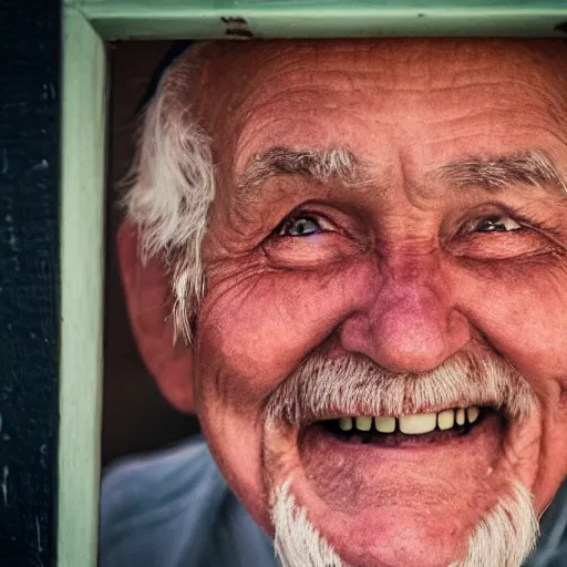 Image similar to an unseen smiling old man seen through a window