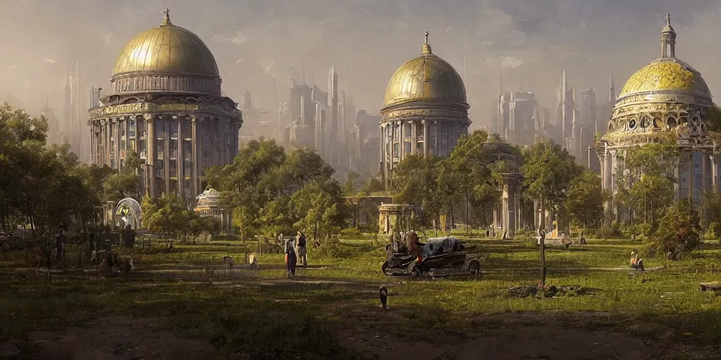 Image similar to a solarpunk city and park with a glorious domed building at its centre, Greg Rutkowski and Ivan Shishkin