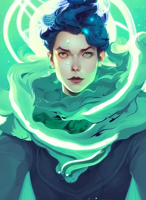 Prompt: style artgerm, joshua middleton, illustration, john krasinski as artificer wearing green pelt light armor, anime eyes, blue hair, swirling water cosmos, fantasy, dnd, cinematic lighting