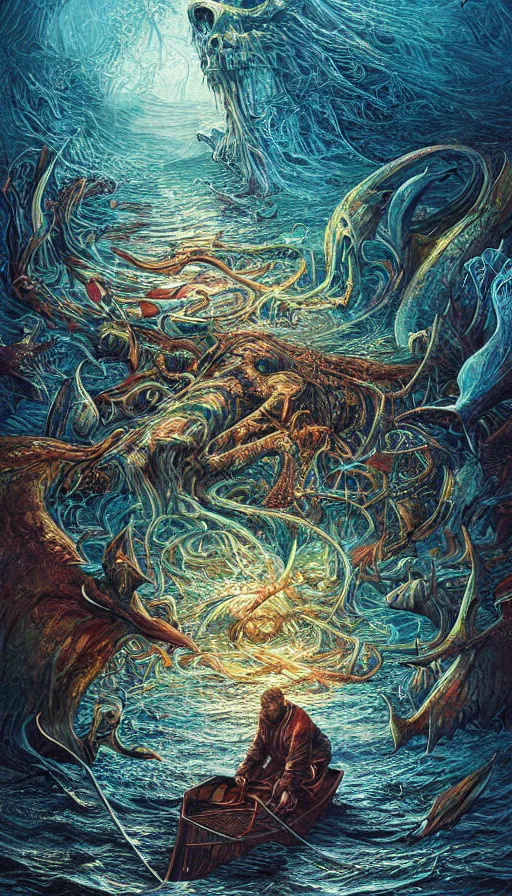 Prompt: man on boat crossing a body of water in hell with creatures in the water, sea of souls, by android jones,