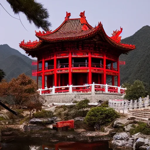 Prompt: A Chinese temple in the mountains, by Greg Rutkowsky and James Gurney, trending on Artstation