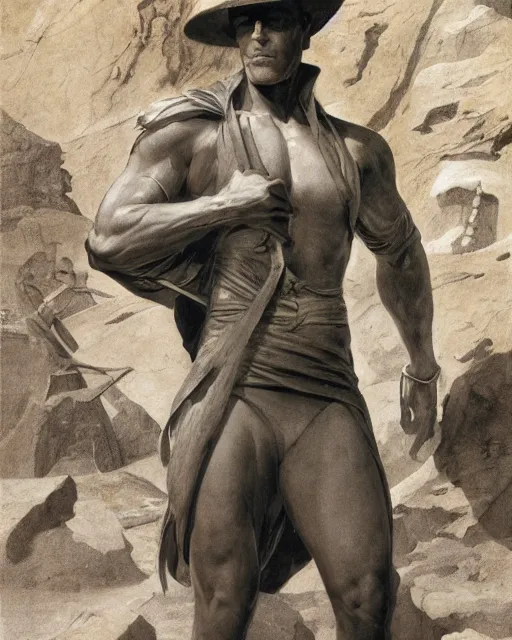 Image similar to doc savage in an egyptian tomb wearing jodhpers and knee high boots and no hat, fantasy character portrait, ultra realistic, concept art, intricate details, highly detailed by soft light, volumetric light, misty, william adolphe bouguereau, munch, maxfield parrish, james bama, and frank frazetta