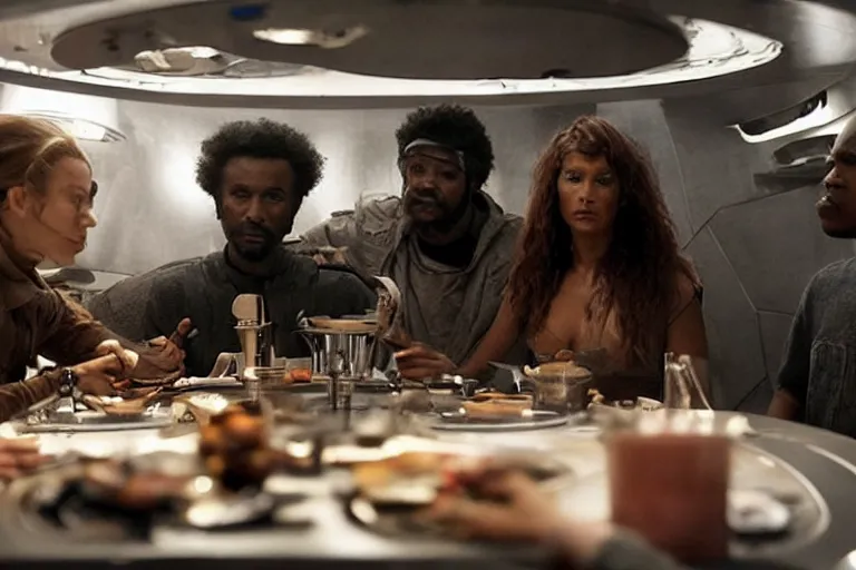 Image similar to movie closeup diverse interracial small team of European sci-fi futuristic space explorers talking at the table in a spaceship kitchen, beautiful skin, Symmetrical faces. Beautiful lighting by Emmanuel Lubezki