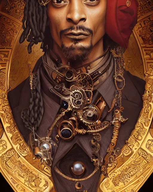 Image similar to steampunk snoop dog, masterpiece, intricate, elegant, highly detailed, digital painting, artstation, concept art, smooth, sharp focus, illustration, art by artgerm and greg rutkowski and alphonse mucha and uang guangjian and gil elvgren and sachin teng, symmetry!!