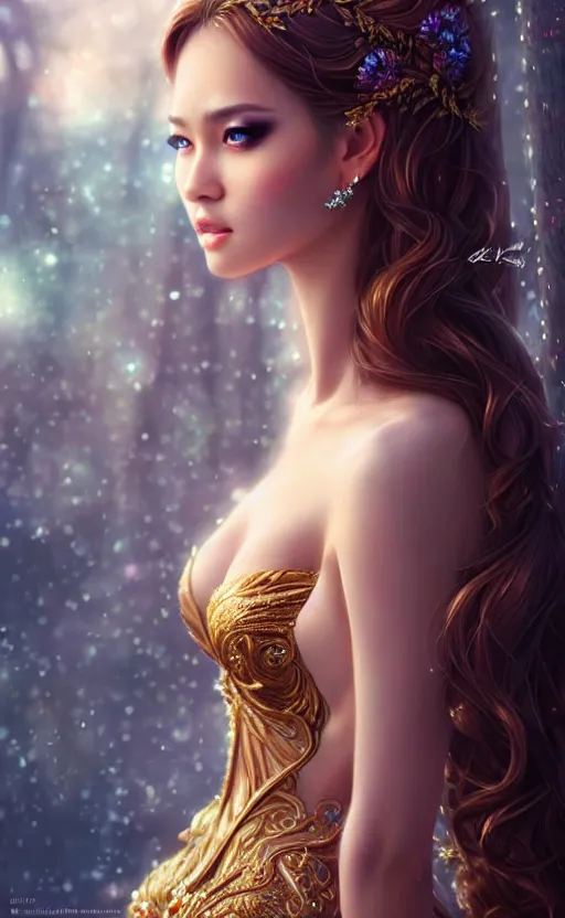 Image similar to a fantasy photo of gorgeous russian female, evening gown, bokeh, medium shot, beautiful face, professionally retouched, soft lighting, realistic, smooth face, perfect eyes, sharp focus, 8 k realistic high definition, insanely detailed, intricate, elegant, art by artgerm and kyoung hwan kim