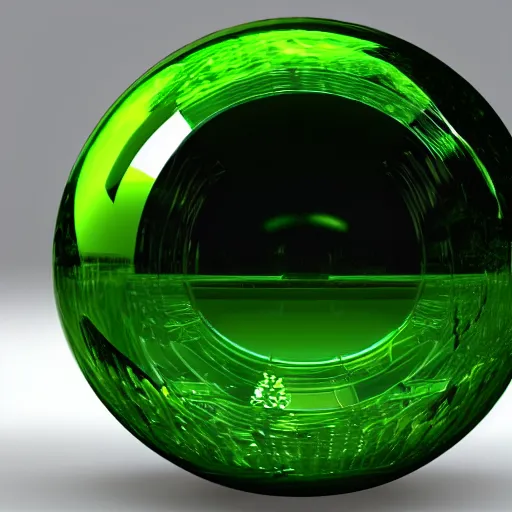 Prompt: A green futuristic crystal ball, 3d render, reflections, V-Ray