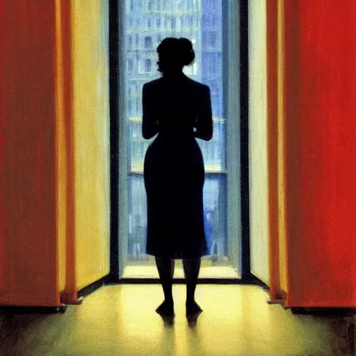 Prompt: silhouette of a woman gazing out her hotel window at the rain, extremely detailed masterpiece, oil on canvas, low-key neon lighting, in the world of Edward Hopper, artstation, by J. C. Leyendecker and Peter Paul Rubens,