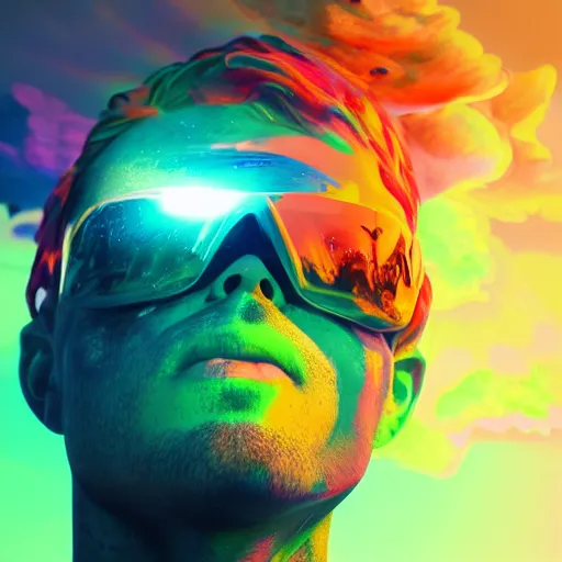 Image similar to sideways portrait of man's head vaporizing, trippy colorful vivid sky, andrew chiampo, artstation, frederik heyman, extremely detailed, stunning volumetric lighting, fantasy, hyperrealism, 3 d render, octane render, unreal engine, fantasy, intricate detail, 4 k, futuristic, sharp focus, smooth