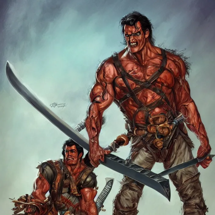 Image similar to Ash Williams from The evil dead, manowar album, Muscular man, striking demon with large bloody barbarian sword, D&D, fantasy, intricate, cinematic lighting, highly detailed, digital painting, artstation, concept art, smooth, sharp focus, illustration by Cory Loftis