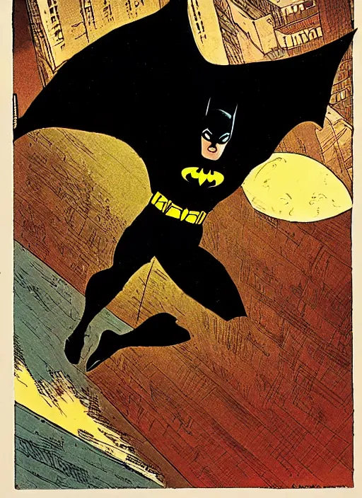 Image similar to batman jumping from a roof at night, moon visible, frank miller