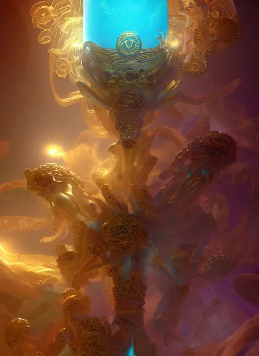 Image similar to flowers within the whole infinite capsule apparent with awe the apparition, an idea seep's into infinity highly detailed in volumetric latent space, golden turquoise steampunk, high contrast cinematic light, mystical shadows, sharp focus, divine realm of gods, octane render, artist by boris vallejo,