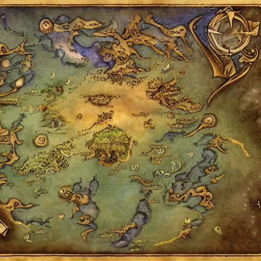 Prompt: simple fantasy map, the land of Odrua, several continents arranged in an arc, world of Lute, by JRR Tolkien and Brian Froud, Vatican Map Room, fantasy concept painting, Magic The Gathering Art, trending on art station, oceans, continents, vivid fantasy colors