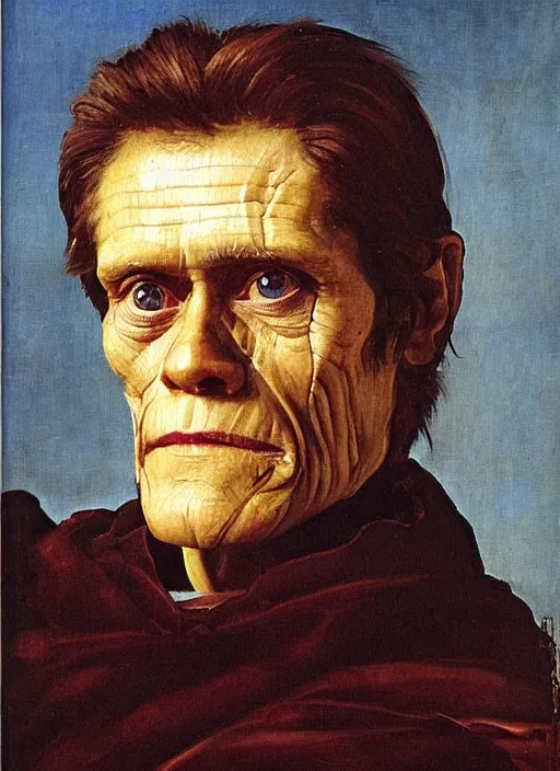 Prompt: regal painting of willem dafoe, renaissance oil painting, studious