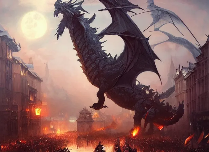 Image similar to giant nordic hell dragon attacking a victorian town during a parade, highly detailed, digital illustration, artstation, concept art, matte, sharp focus, illustration, dramatic, full moon, art by artgerm and greg rutkowski and alphonse mucha