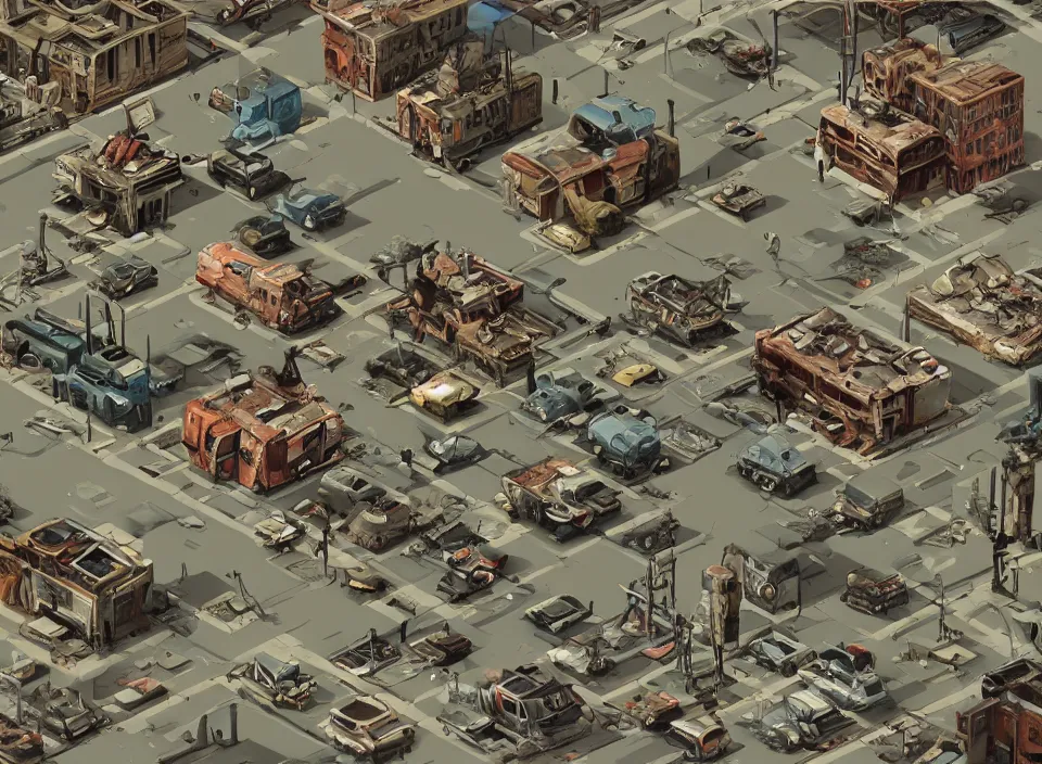 Prompt: Screenshot of a destroyed rusty modern Polish city with a road going across it in Fallout 2 (1998), isometric perspective, postapocalyptic, bird's eye view, prerendered isometric graphics, high quality