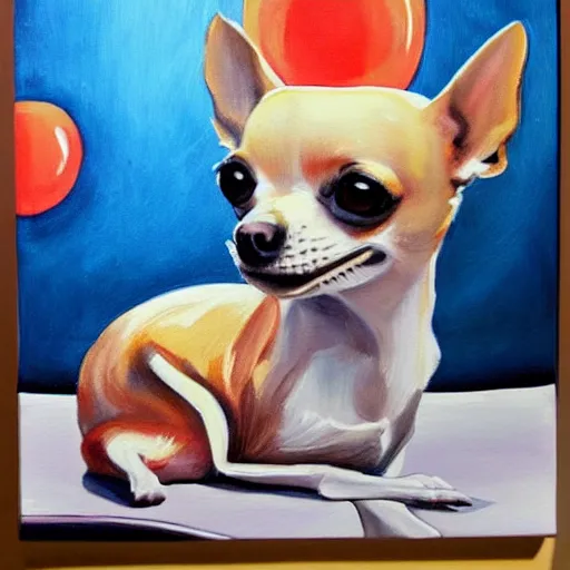 Prompt: a painting of a chihuahua smoking weed in an office