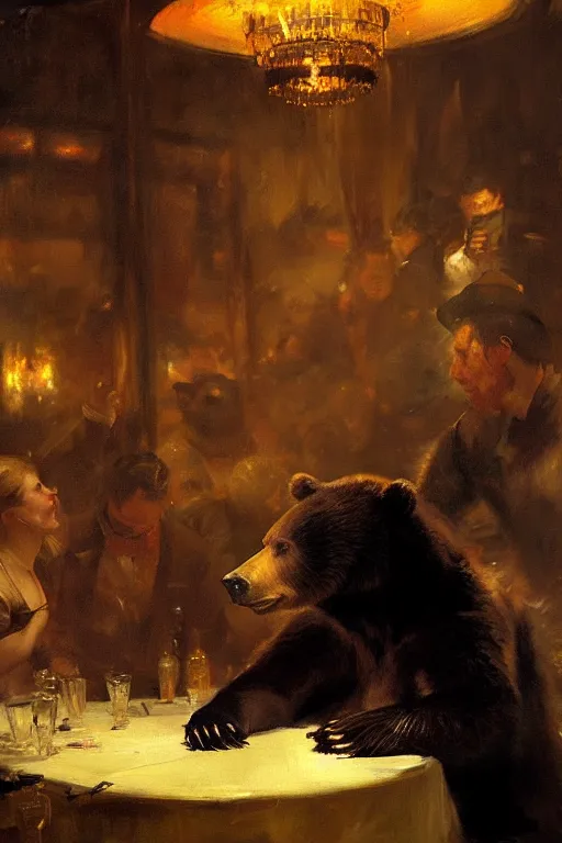 Image similar to portrait of bear gambling in the club by anders zorn, wonderful masterpiece by greg rutkowski, beautiful cinematic light, by greg manchess, jessica rossier