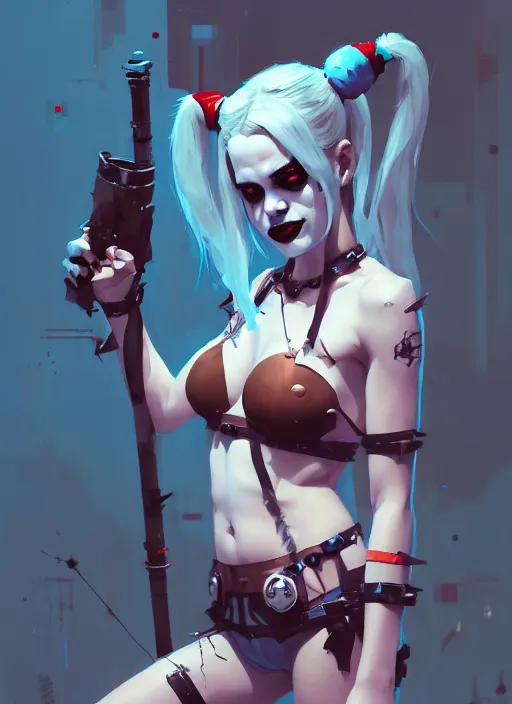 Image similar to portrait of cute harley quinn girl with crown of thorns in cyber bikini armor, warhammer, cyberpunk, by atey ghailan, by greg rutkowski, by greg tocchini, by james gilleard, by joe gb fenton, by kaethe butcher, dynamic lighting, gradient light blue, brown, blonde cream and white color in scheme, grunge aesthetic