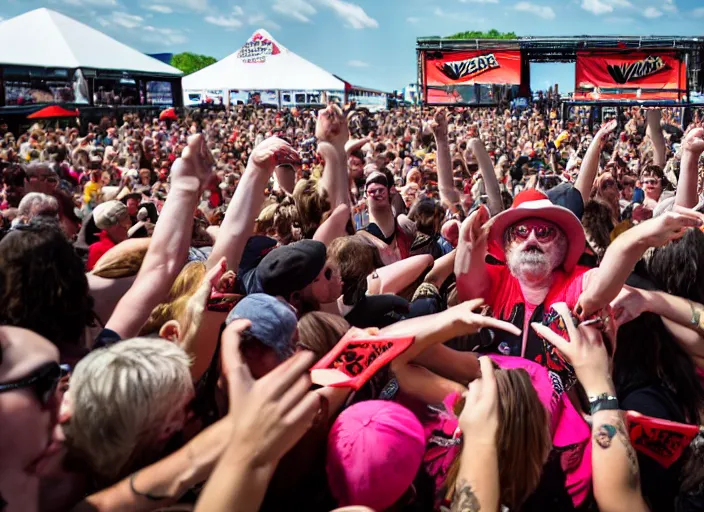 Prompt: photo still of gallagher at vans warped tour!!!!!!!! at age 5 5 years old 5 5 years of age!!!!!!! throwing watermelons into a crowd, 8 k, 8 5 mm f 1. 8, studio lighting, rim light, right side key light