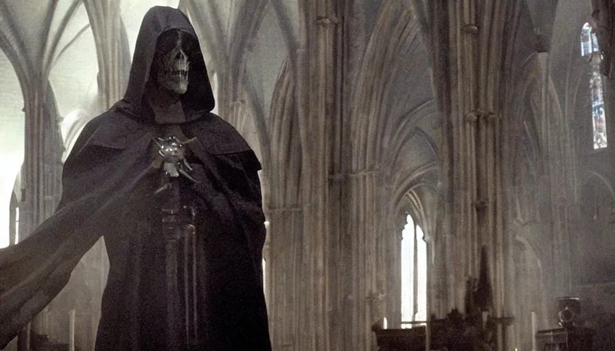 Prompt: a movie by Ridley Scott about a gothic techno-cathedral where a lavishly dressed necromancer priest raising a cyborg zombie from the grave