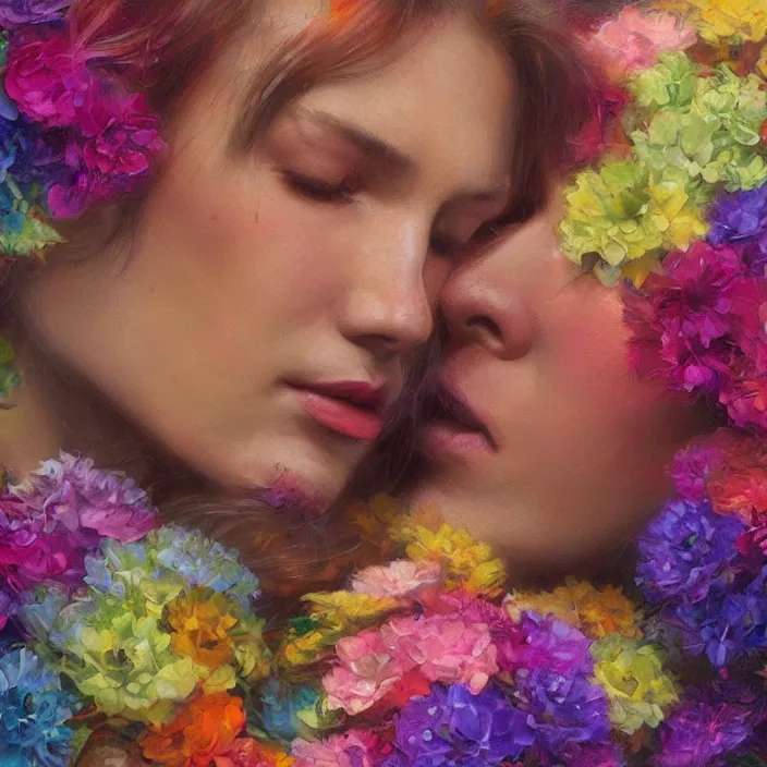 Image similar to portrait of women hugging made of colorful rainbow fractal flowers hugging , closeup character portrait art by Donato Giancola, Craig Mullins, digital art, trending on artstation