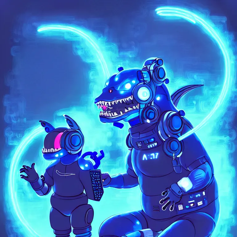 Image similar to a chubby anthropomorphic male blue dragon fursona wearing a cybernetic suit, headphones on his head, laptop, cyberpunk, furry, vivid saturation, oil on canvas, digital art, soft lighting